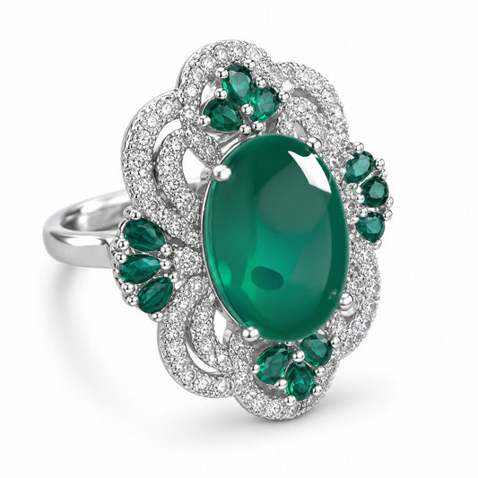 Oval Cabochon Green Gem Mixed Emerald & White Crystal Filigree Open Adjustable Cocktail Ring For Women, Copper Silver Plated Antique Hollow Floral Wedding Banquet Statement Jewelry Gift