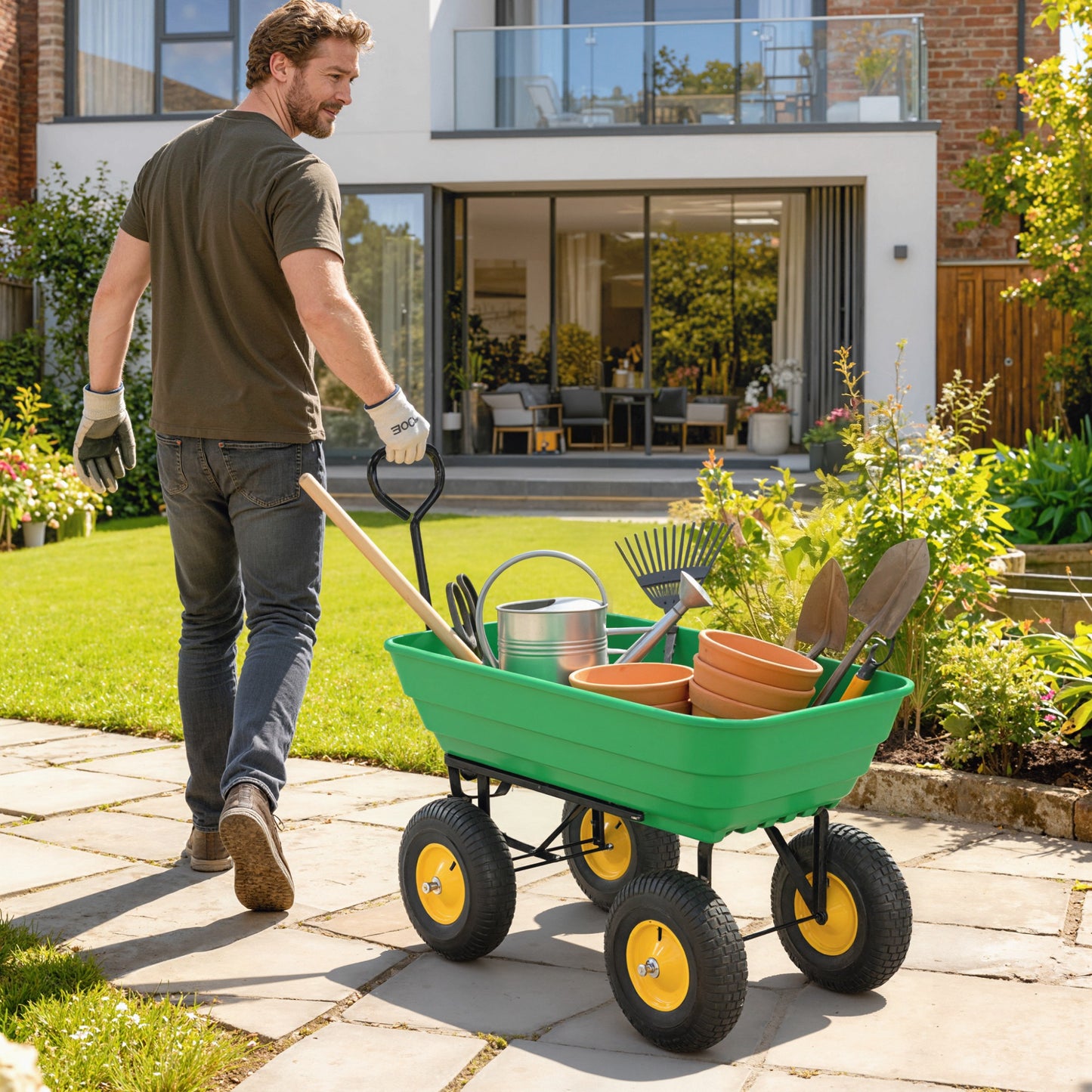 75 Litre Large Garden Cart, Tipping Wheelbarrows Heavy Duty Garden Dump Trolley 200kg Capacity For Festivals, Tools, Plants, Logs - Green