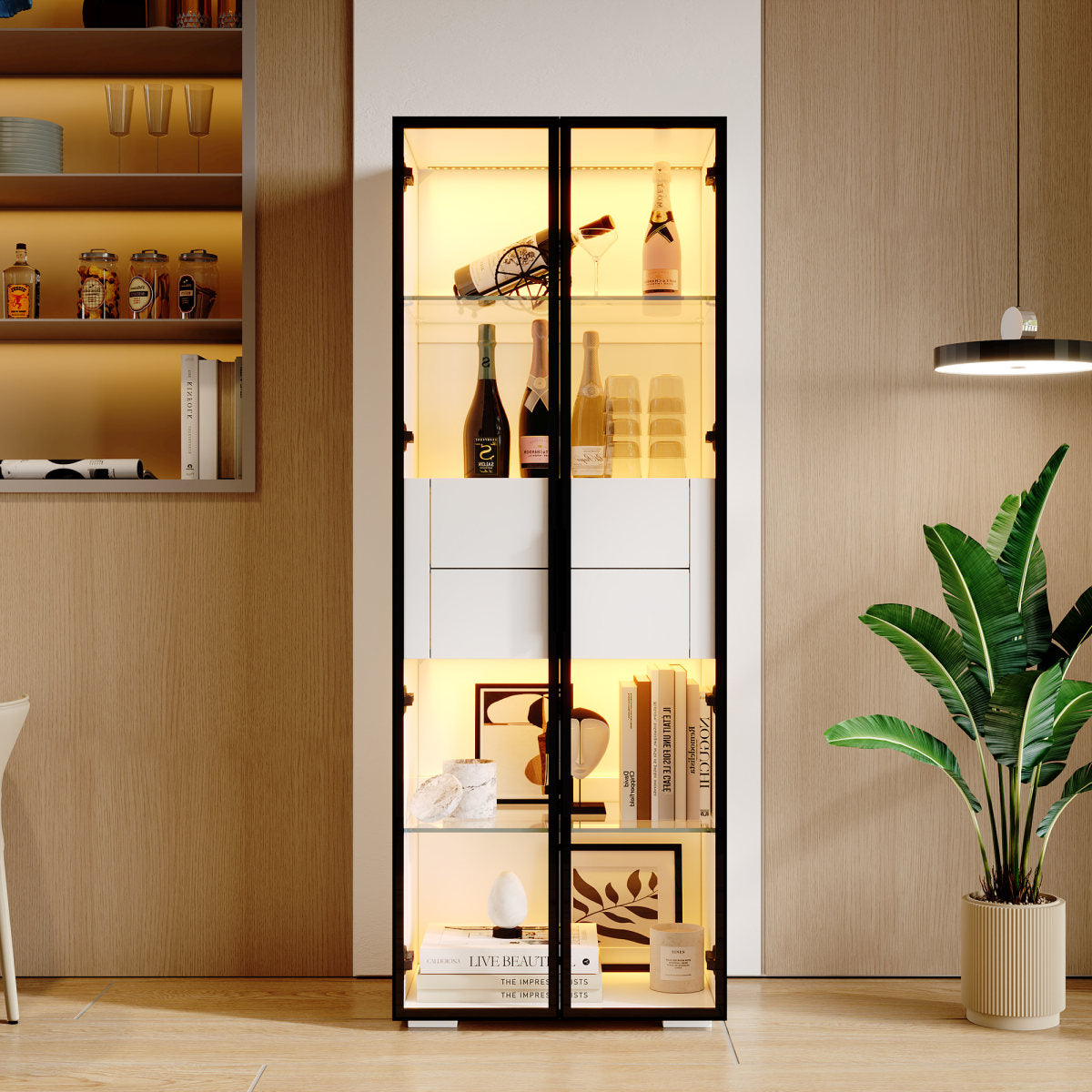 60x40x160cm Wardrobe,Tempered Glass Showcase Wardrobe Door,Showcase Storage Cabinet With LED,2Glass Floor,2Drawers,Highboard,Living Room Wardrobe,Storage Cabinet,Wardrobe,Sofa Cabinet,White