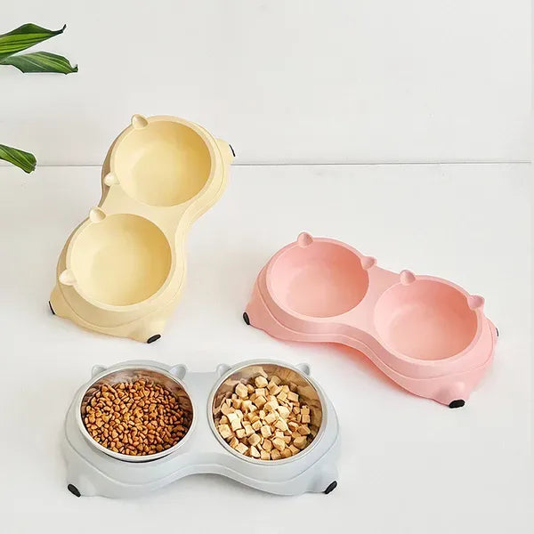 Macaron Pink-Dual Stainless Steel Pet Bowls, 600ml Each, Non-Slip, Dishwasher Safe For Small-Medium Pets