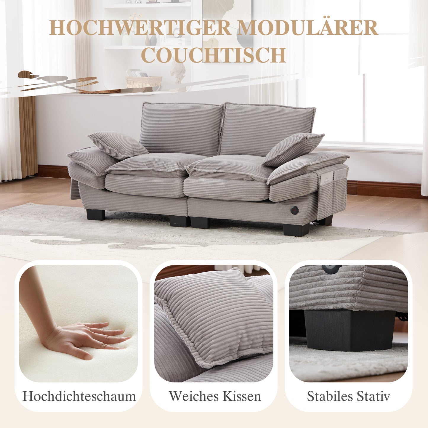 Modular Sofa With Wide Seat Surface For 2 People, Ergonomic Design, High-density Foam Cushioning, USB-C Port And Side Pockets. Ideal For Living Room, Office Or Lounge. Light Gray.