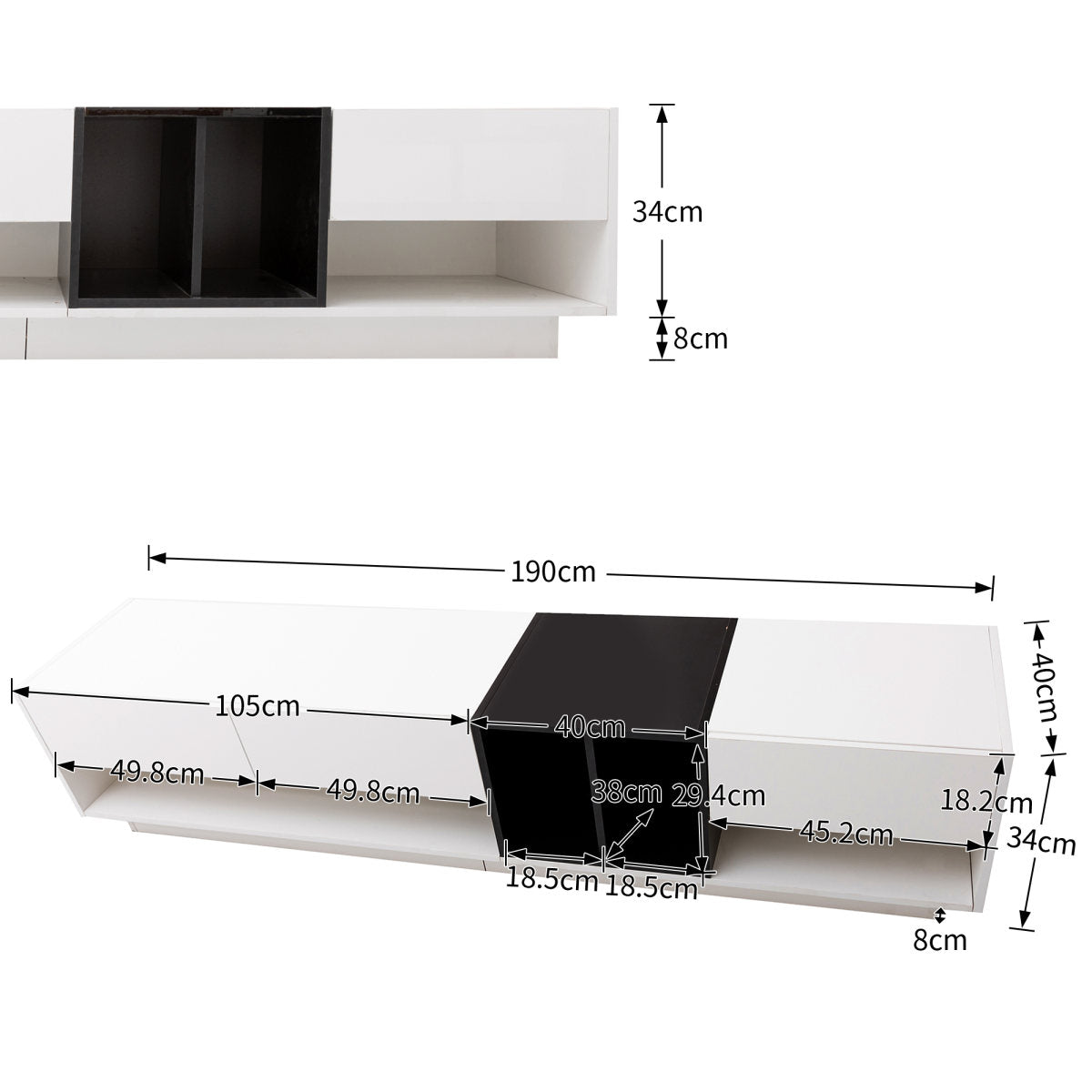 TV Cabinet Lowboard Combination In High-gloss White And Black. Color-block Design Featuring Drawers, Compartments, And Multiple Storage Spaces.