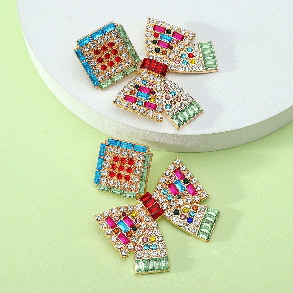 Multicolor Paved Rhinestone Bow Dangle Earrings For Women Boho Statement Vacation Party Daily Wear Accessories