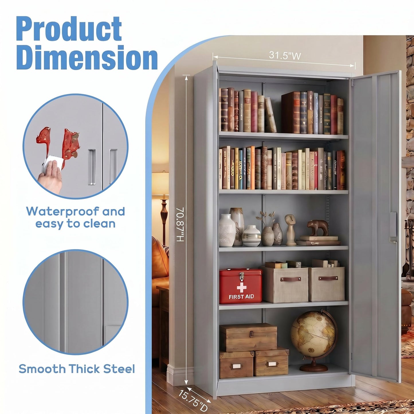 Metal Garage Storage Cabinet, Lockable Steel Storage Cabinet With 4 Adjustable Shelves For Garage, Office, Home, Assembly Required, Gray