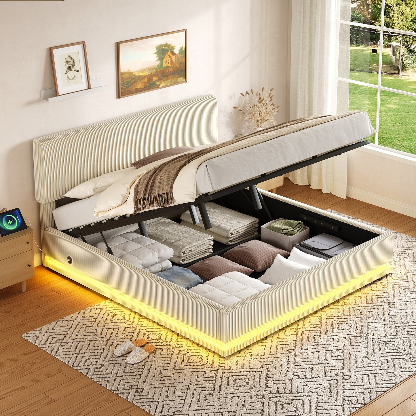 Modern Upholstered Beds With LED Lighting And USB-C Charging Function, Height-adjustable Headboard, Corduroy Fabric, Sturdy Slatted Frame, Large Underblanket Storage Space And Comfortable Upholstered