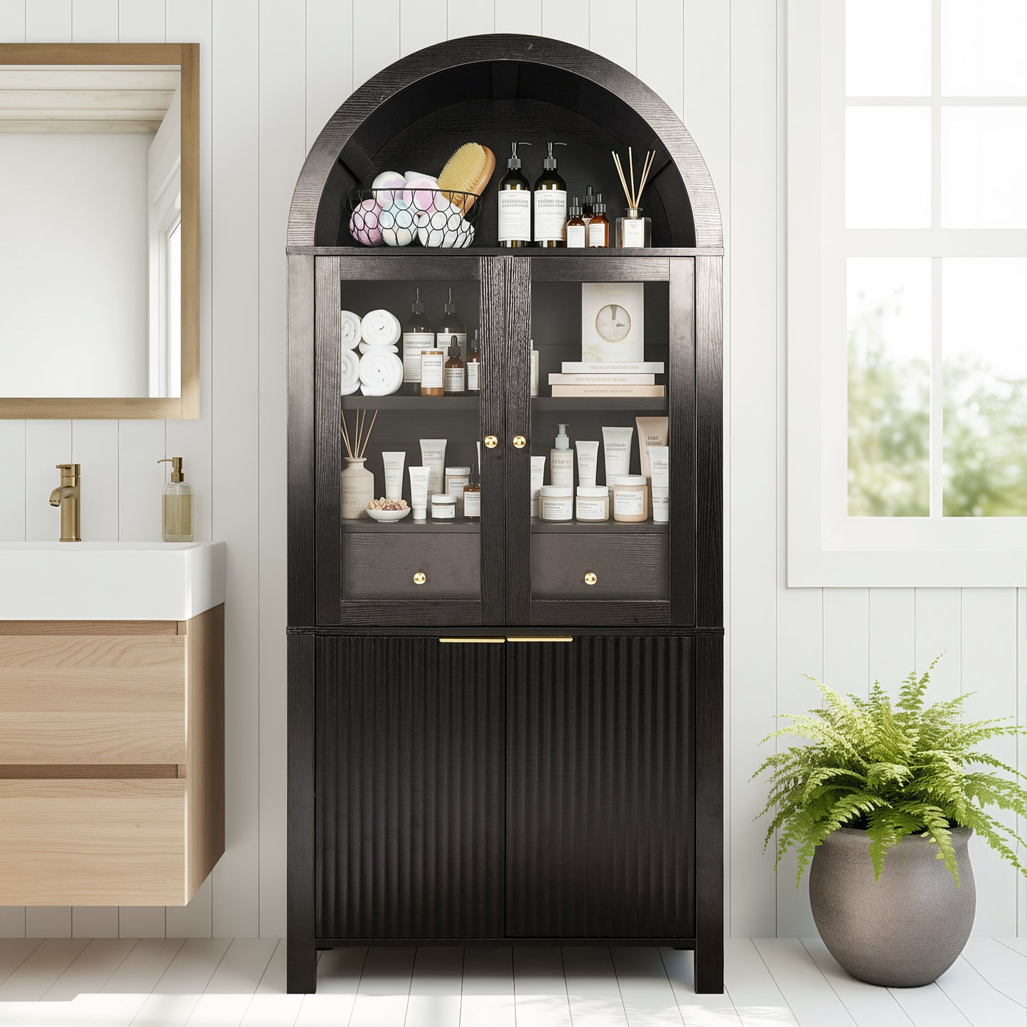 71  Fluted Tall Arched Pantry Cabinet With Adjustable Shelves, Elegant Display Storage With Hidden Drawer & Glass Door For Kitchen, Living Room, Dining Room, Black