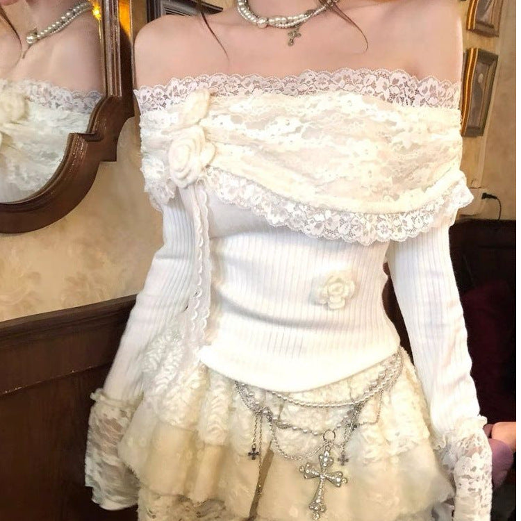 Korean-style Lace Floral Sweet And Spicy Long-sleeved Base Shirt