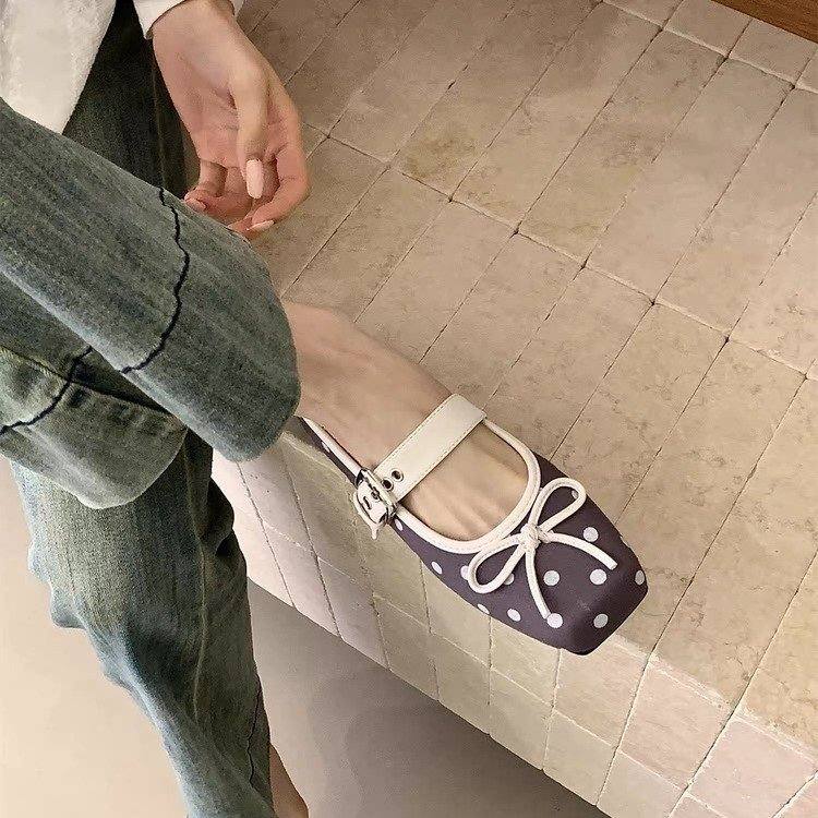 Women French Vintage Polka Dot Ballet Flats, New Spring Shallow Vamp Mary Jane Flat Shoes For Dresses