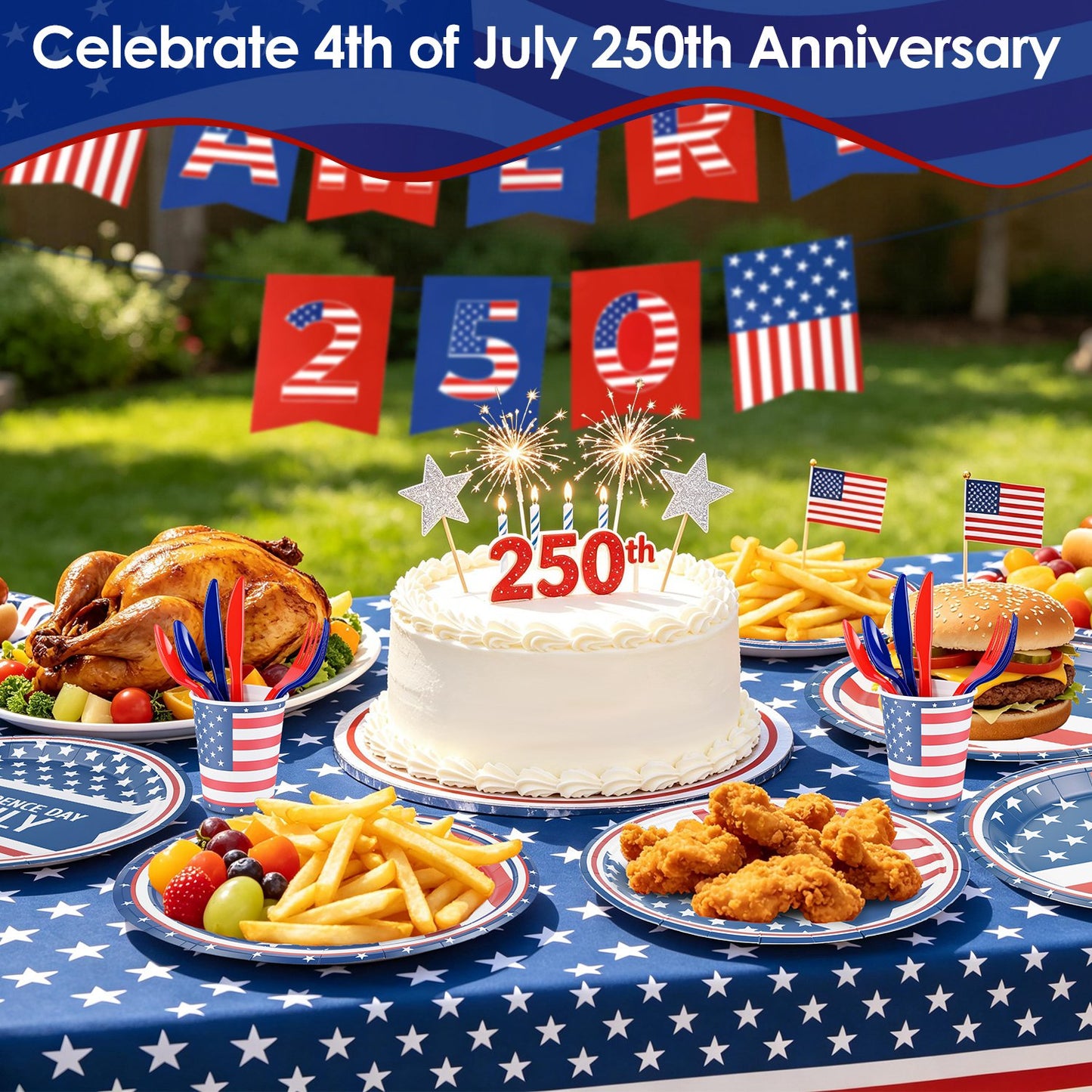 181Pcs 4th Of July 250th Anniversary Party Supplies Set Independence Day Red White Blue Disposable Tableware With Plates Cups Cutlery Napkins Banner Tablecloth Serves 24 For Memorial Day National Hol
