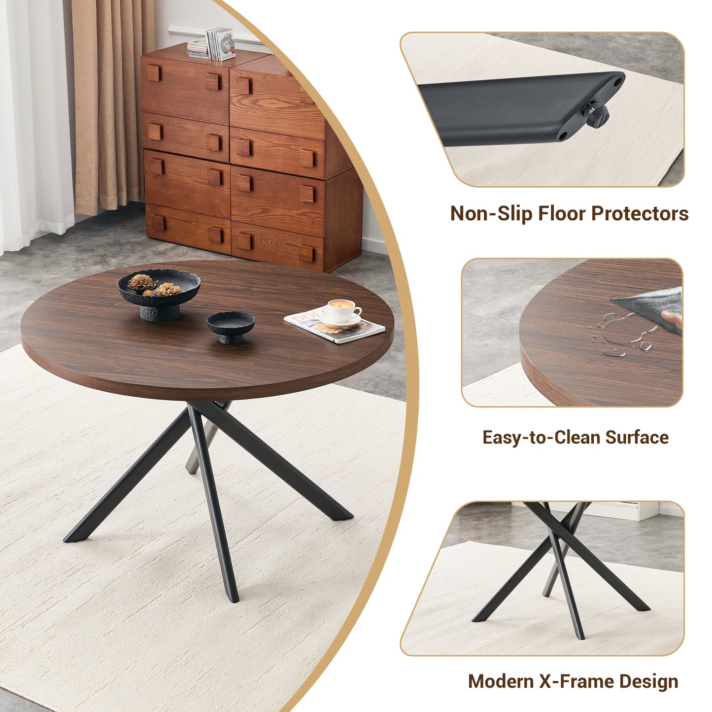 Round Foldable Dining Table For Small Spaces - MDF Material, Perfect For Dining Room, Tea Room & Cafe  Dark Walnut, 1Table