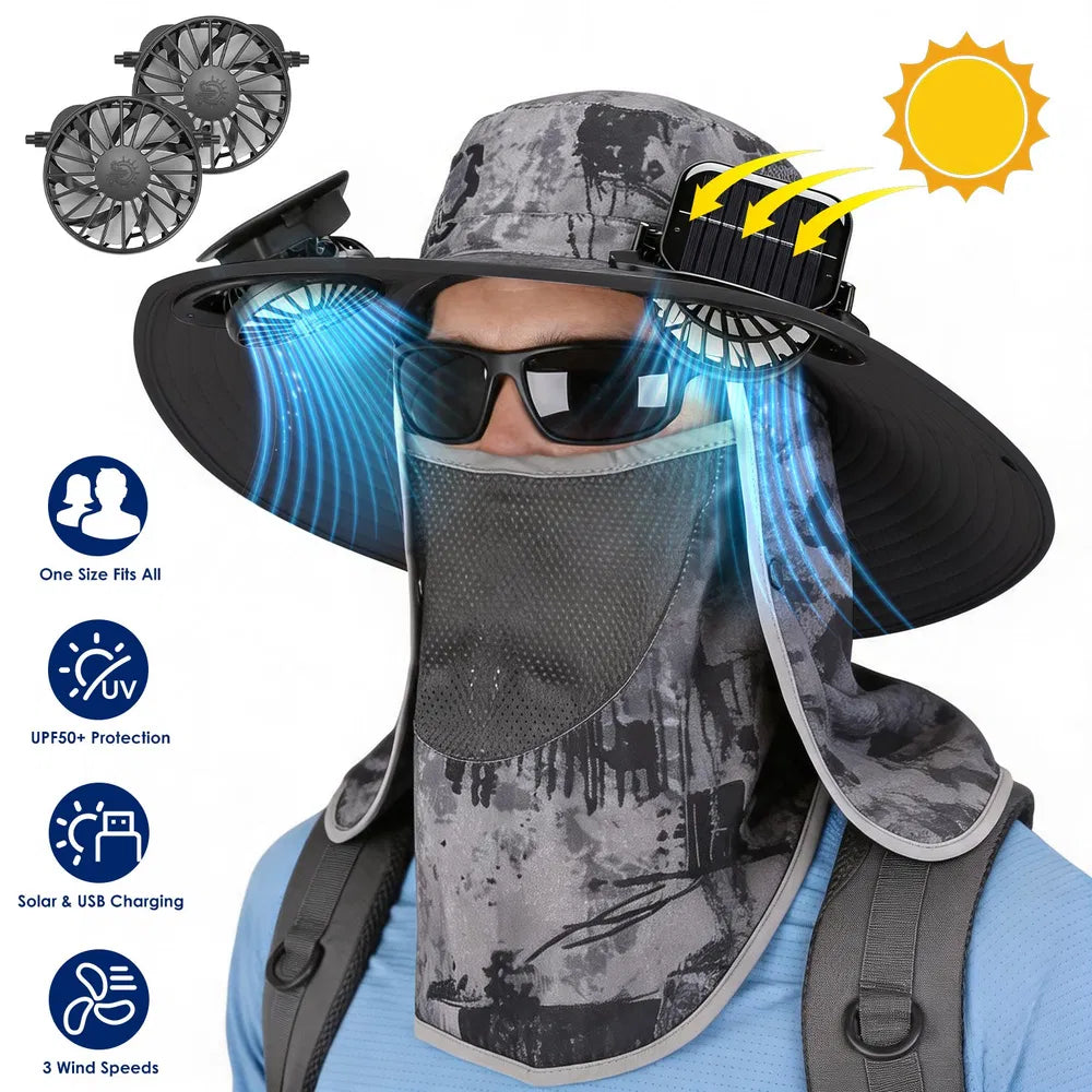2 In 1 Solar Fan Hat UPF50 & Sun Hat With Fans Wide Brim Fishing Hat With Face Cover Neck Flap Solar USB Charging For Hiking Gardening Outdoor Work