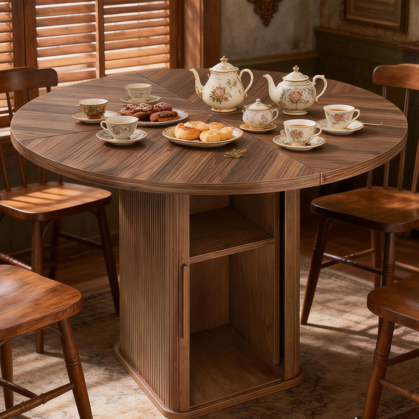 47in Dining Table Exquisite Round Table With 2 Storage Shelf Wood Slide Door And Wooden Base For Dining Room Home Kitchen Canteen