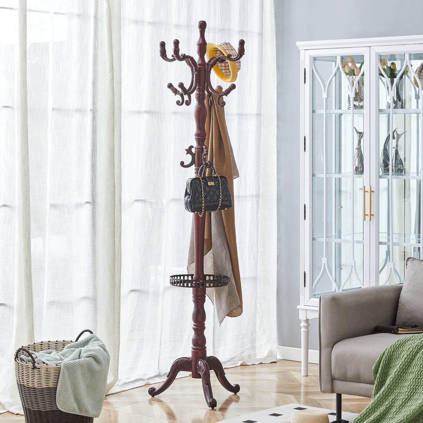 Add Elegance To Your Home Versatile European Clothes Rack In Walnut-coloured Solid Wood - Multi-equipped, Stable, Easy To Assemble And With Non-slip Feet.
