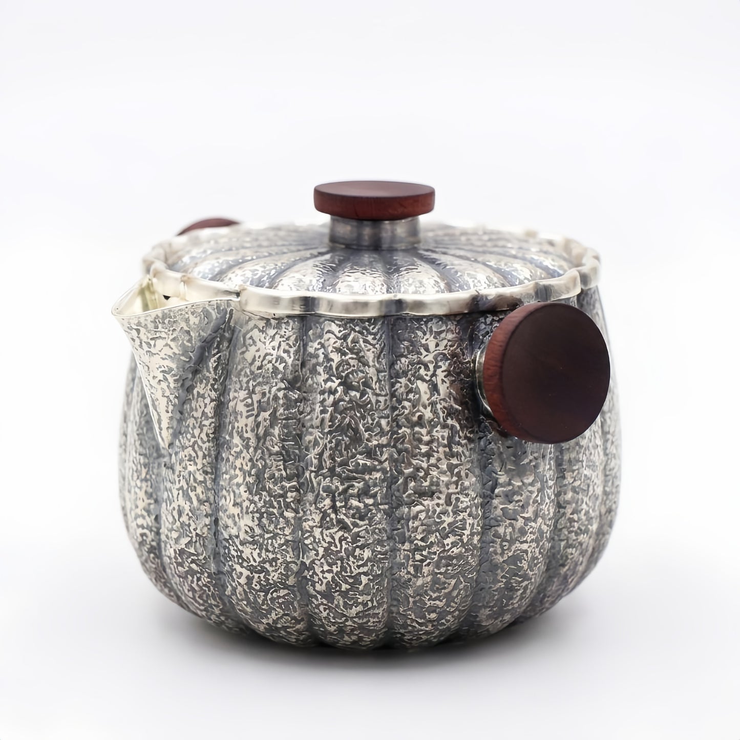 Pure 999 Fine Silver Pumpkin-Shaped Hammered Metal Teapot with Red Accents-Fine Tea Dispenser - Handicraft