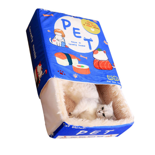 Snack Box Cat Bed Cartoon Rectangular Fully Enclosed Four Season Universal Multifunctional Soft Pet Bed For Home Travel Blue