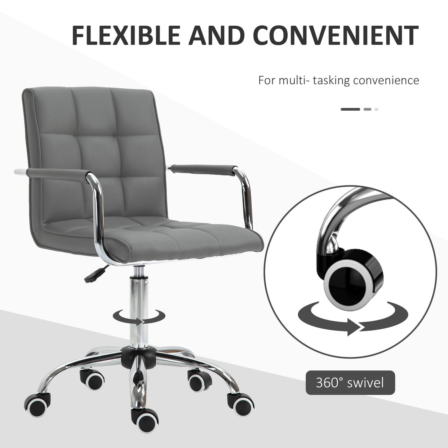 Vinsetto PU Leather Home Office Desk Chair, Computer Chair With Mid Back, Arm, Swivel Wheels, Adjustable Height, Grey