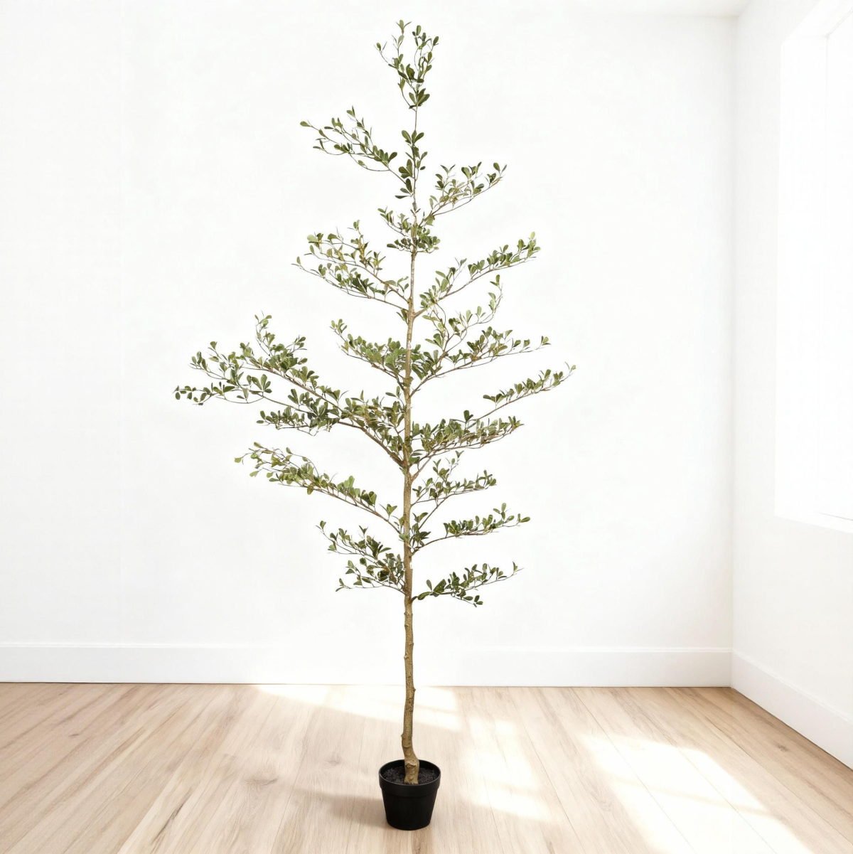 7FT Artificial Black Olive Tree with Black Plastic Pot, Realistic Tall Fake Plant for Indoor Home Living Room Corner Decoration, 1pc/set