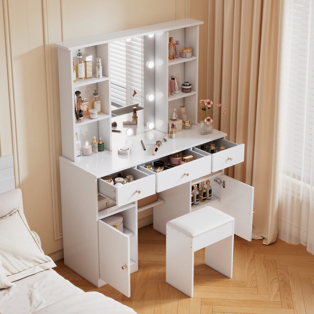 Large Dressing Table, Makeup Table With Adjustable LED Lighting, With Mirror And Dressing Table Stool, 3 Drawers And 2 Doors, Bedroom White, Dimensions H151 Cm XB110cmX T40 Cm