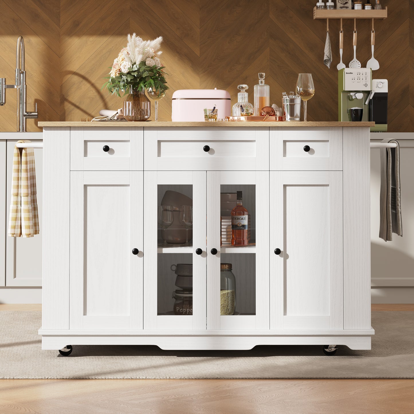 Kitchen Island,  151.5x60x91.7cm Removable Partitions, Kitchen Cabinet, Dining Trolley With Worktop, Sideboard, Dining Trolley With Wood Grain Finish, Sideboard, Tempered Glass Cabinet, White Black