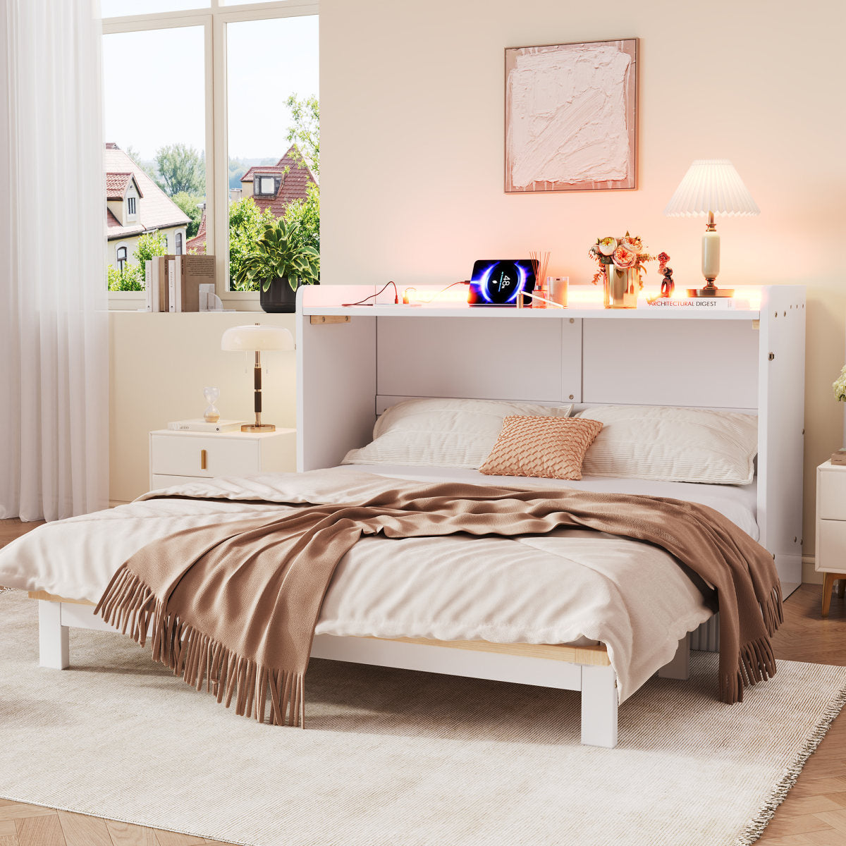 Murphy Bed, 140 X 200cm, There Are Drawers Under The Bed, With USB And Socket, LED Light Strip, With High Gloss Top, Convertible Platform Bed, Without Mattress, White