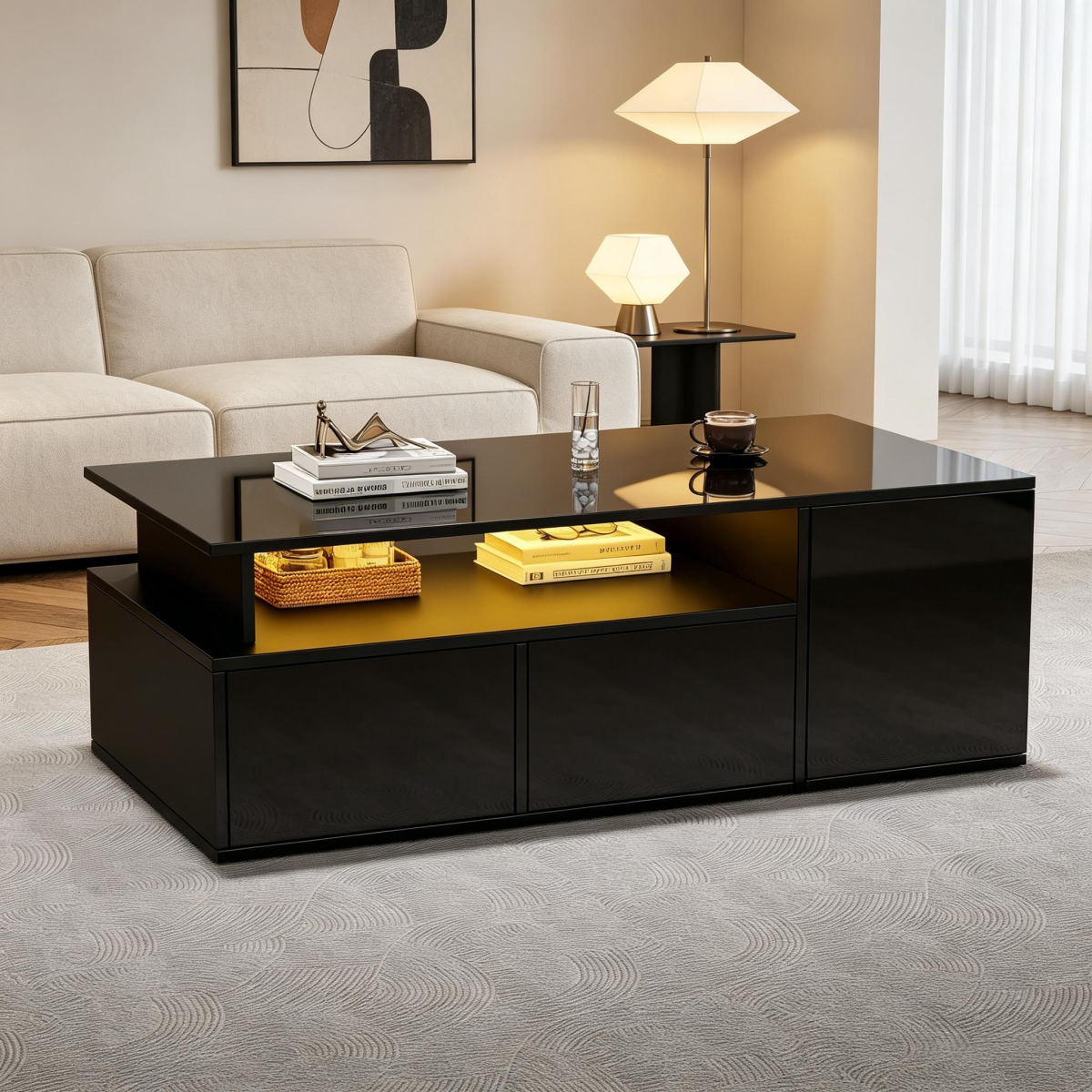 100x50x35cm Tea Table With LED, Living Room Coffee Table, Sofa Table With 2 Drawers, Coffee Table With Total Load Capacity Of 60kg, Black Living Room Table With Plenty Of Storage