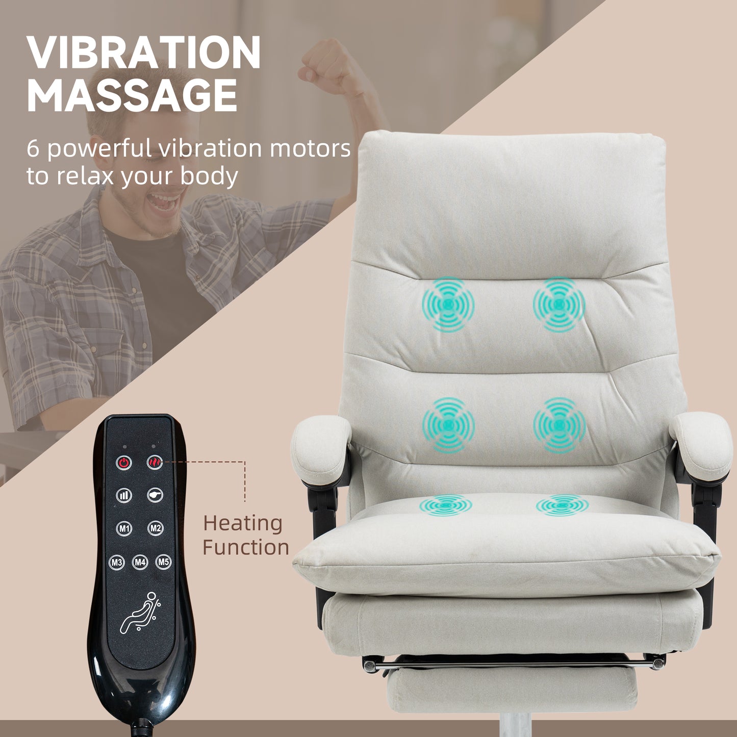 Microfibre Executive Massage Office Chair, Computer Desk Chair, Reclining Chair with Footrest, Double-tier Padding, Swivel Wheels, Cream White