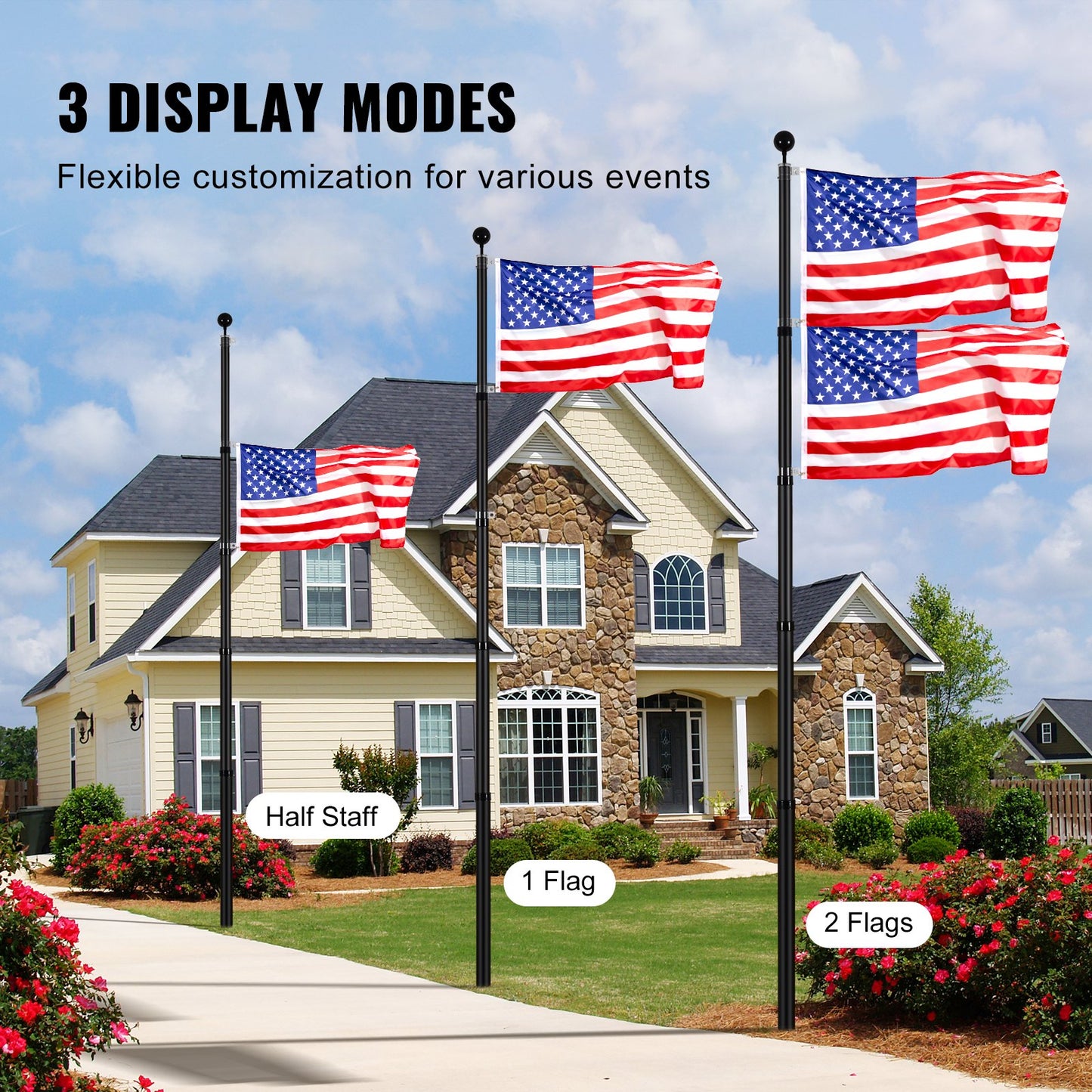 25FT Telescoping Flag Pole Kit, Heavy Duty Aluminum Alloy In Ground Flag Poles For Outside, 3 Display Modes Flagpole With 3x5 American Flag, Professional Accessories, Black