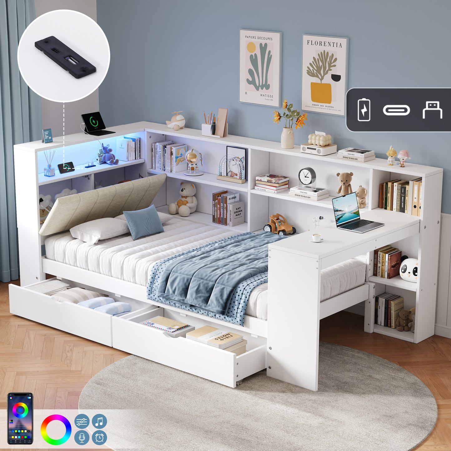 3ft Single L-Shape Daybed With Storage Drawers And Bookcase Storage, LED Linen Concealed Headboard Storage With Charging Station, Wood Bed For Living Room Bedroom Study Room, White  No Mattress