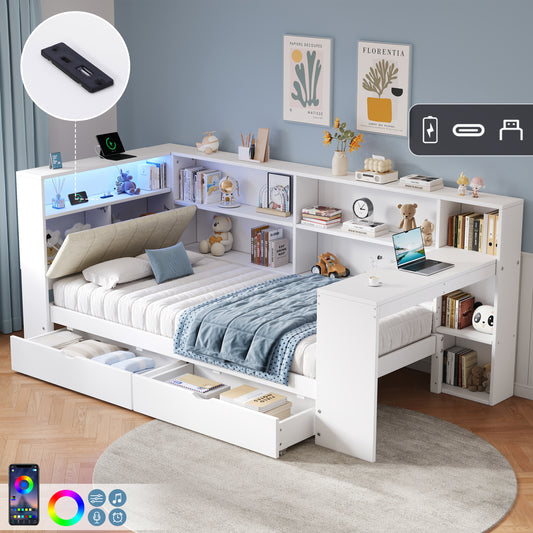 3ft Single L-Shape Daybed With Storage Drawers And Bookcase Storage, LED Linen Concealed Headboard Storage With Charging Station, Wood Bed For Living Room Bedroom Study Room, White  No Mattress