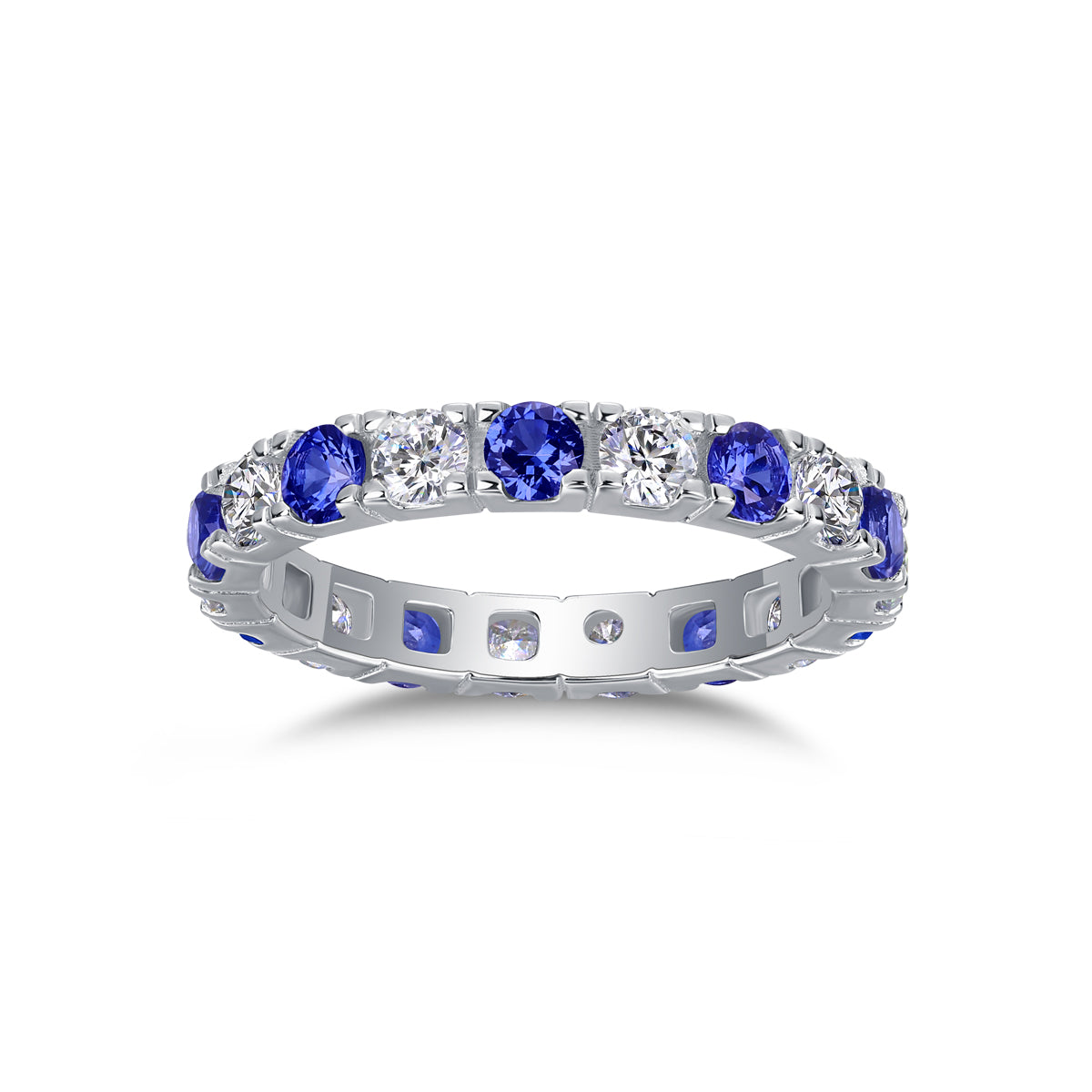 2.4g S925 Sterling Silver Platinum Plated Ring  Synthetic Blue Sapphire & White Stone Alternating Eternity Band, Dainty Promise Ring For Women, Jewelry Gift Box Set