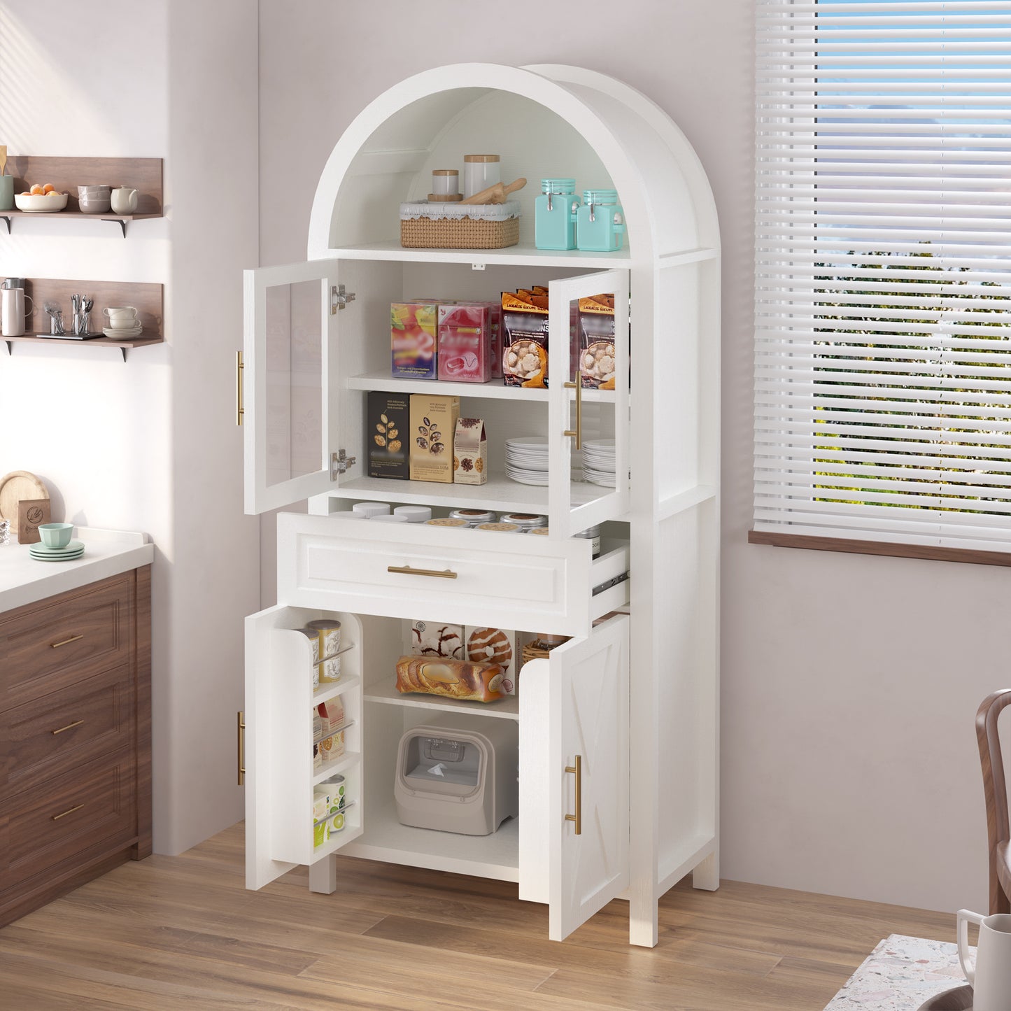 71  Tall Arched Kitchen Pantry Cabinet With Glass Door, Farmhouse Storage Pantry Cabinet With Adjustable Shelves & Barn Door Design For Kitchen, Living & Dining Room, White