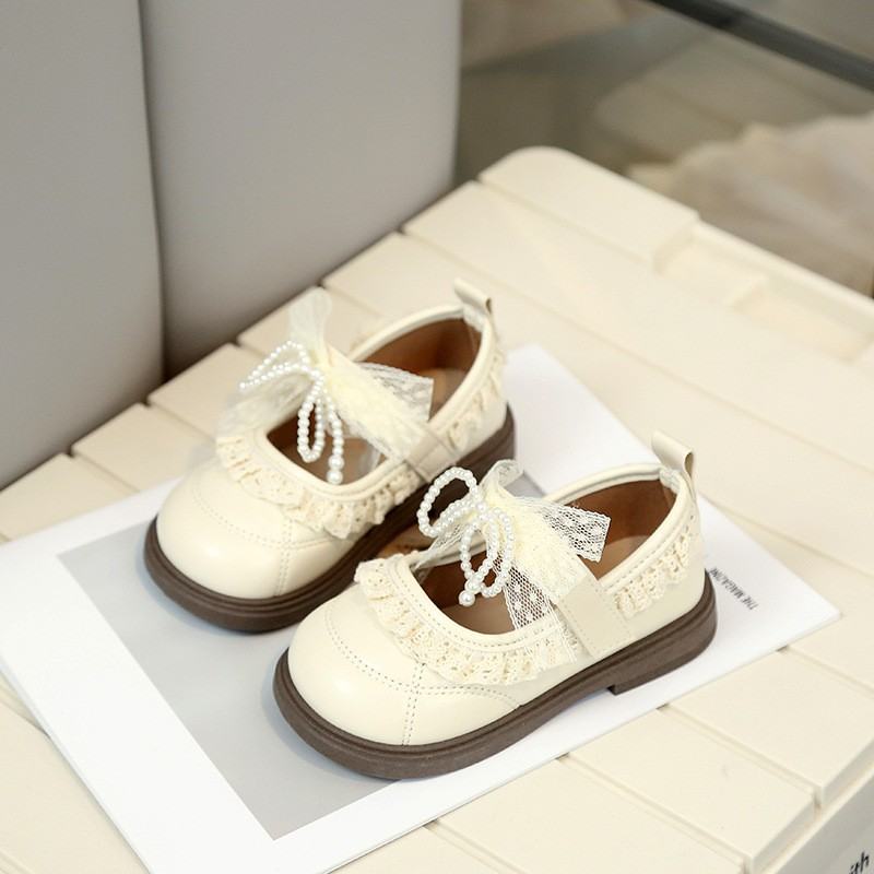 2026 Spring New Arrival Girls' Fashion Lace Trim Flat Shoes, Korean Style Bow Princess Shoes, Kids Fashion Leather Shoes