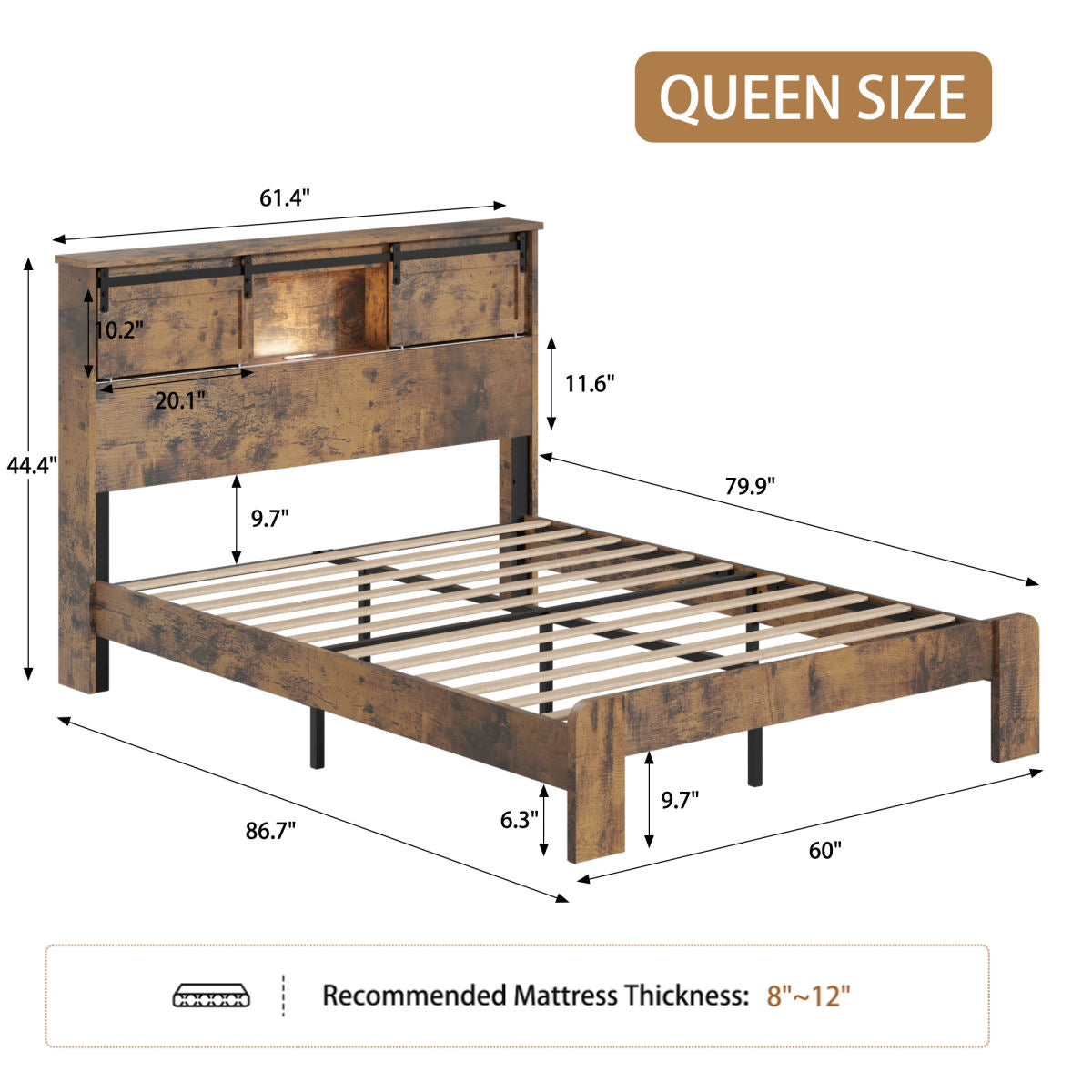 Queen Metal Bed Frame With Charging Station, No Box Spring, Dark Brown