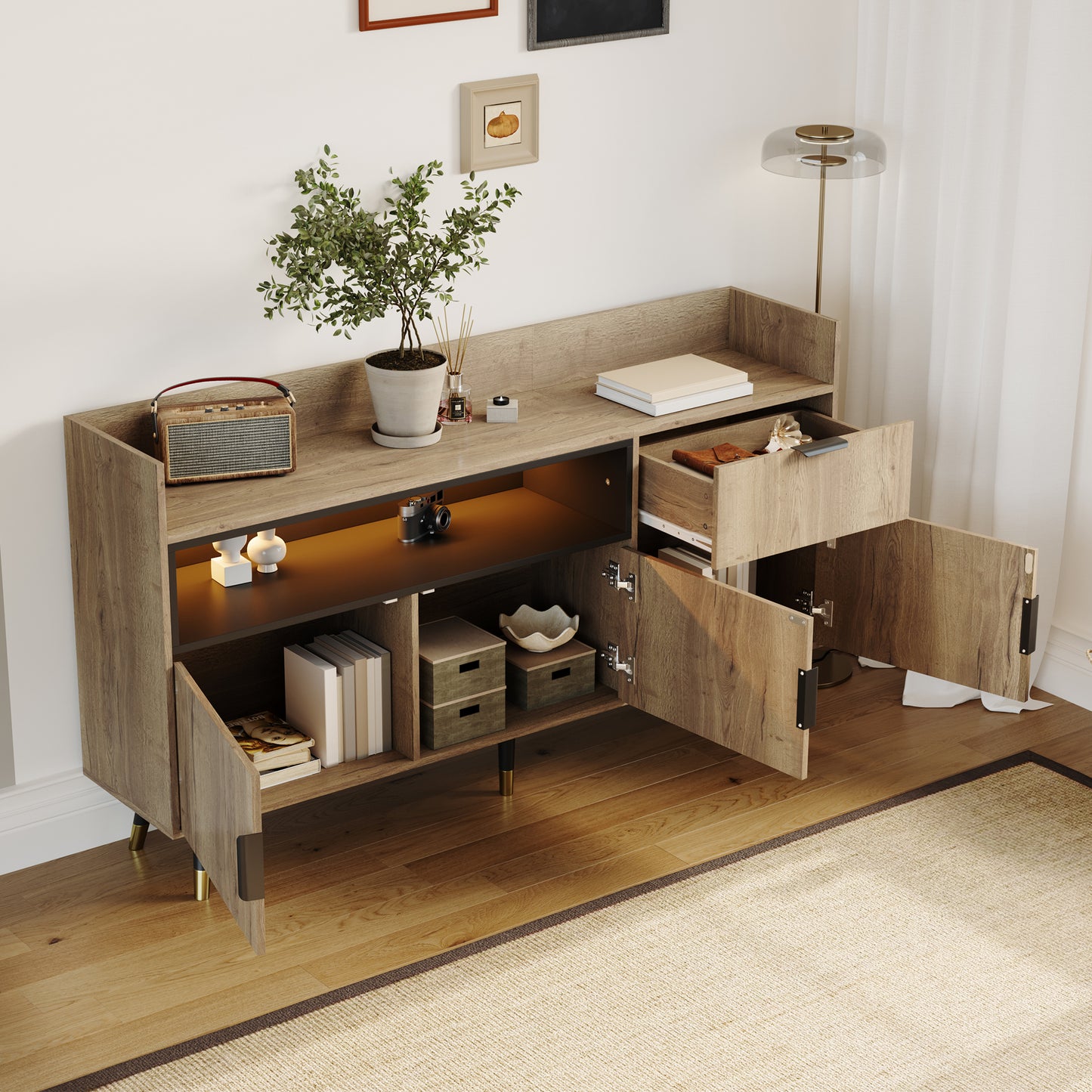 Modern Minimalist Sideboard  Open Shelves, Practical Drawers, Swinging Doors On Both Sides. With Low-noise Rails And Sturdy Wooden Frame  Suitable For Living Room, Dining Room And Office.