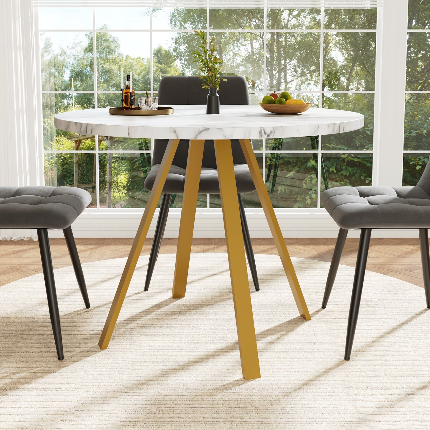 Round Dining Table  80x80x75cm , Kitchen Dining Table, Round Coffee Table For 4 People, Suitable For Dining Room, Living Room, Metal Table Legs, White Marble Pattern And Golden Table Legs