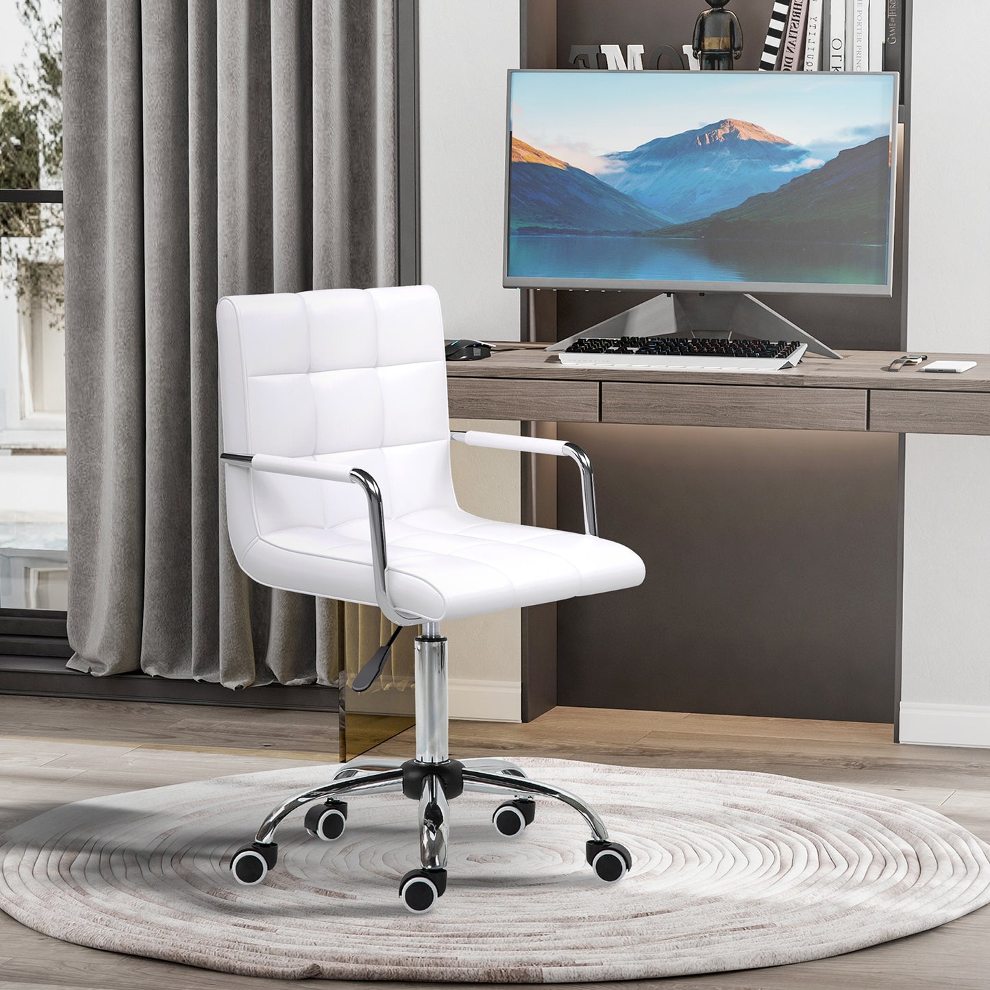 Vinsetto Makeup Vanity Chair, PU Leather Mid Back Office Chair With Adjustable Height, Armrest And Rolling Wheels, White