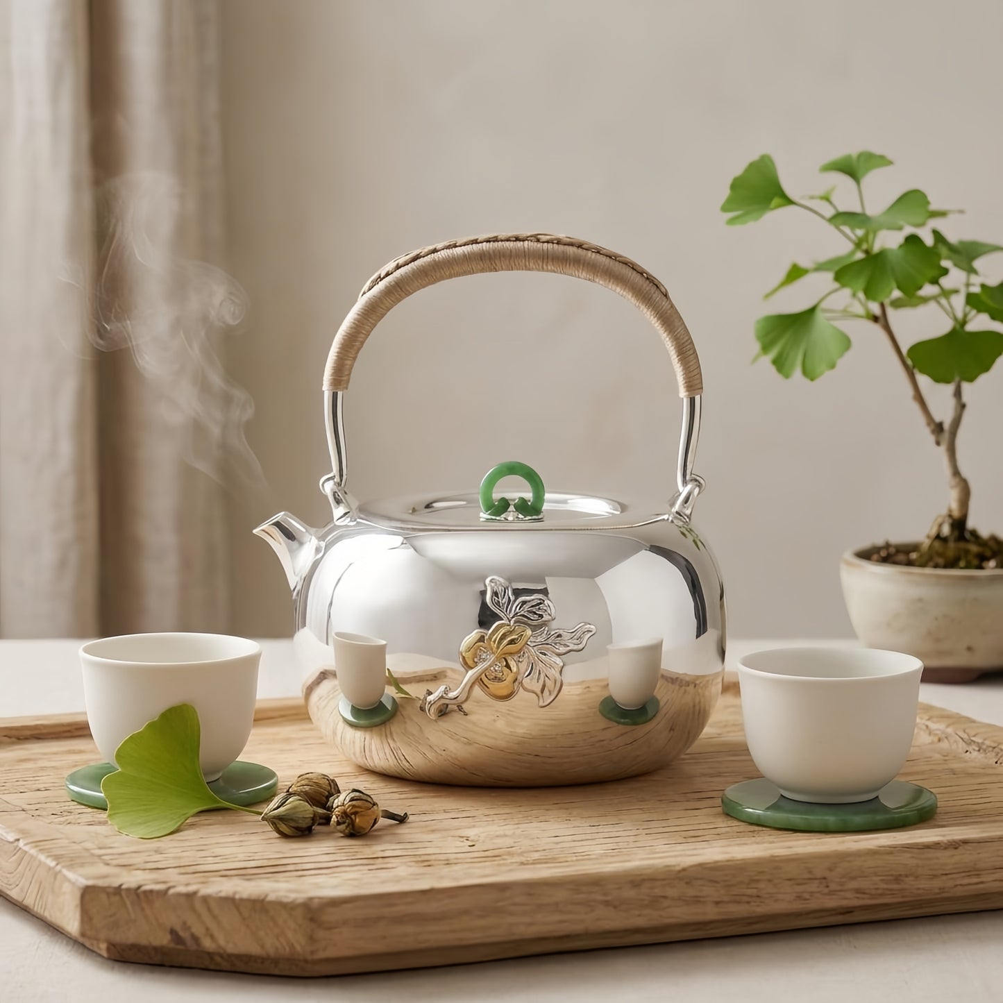 Pure 999 Fine Silver Handcrafted Silver Tea Kettle with Jade Finial and Exquisite Gilded Floral Ornamentation - Handicraft