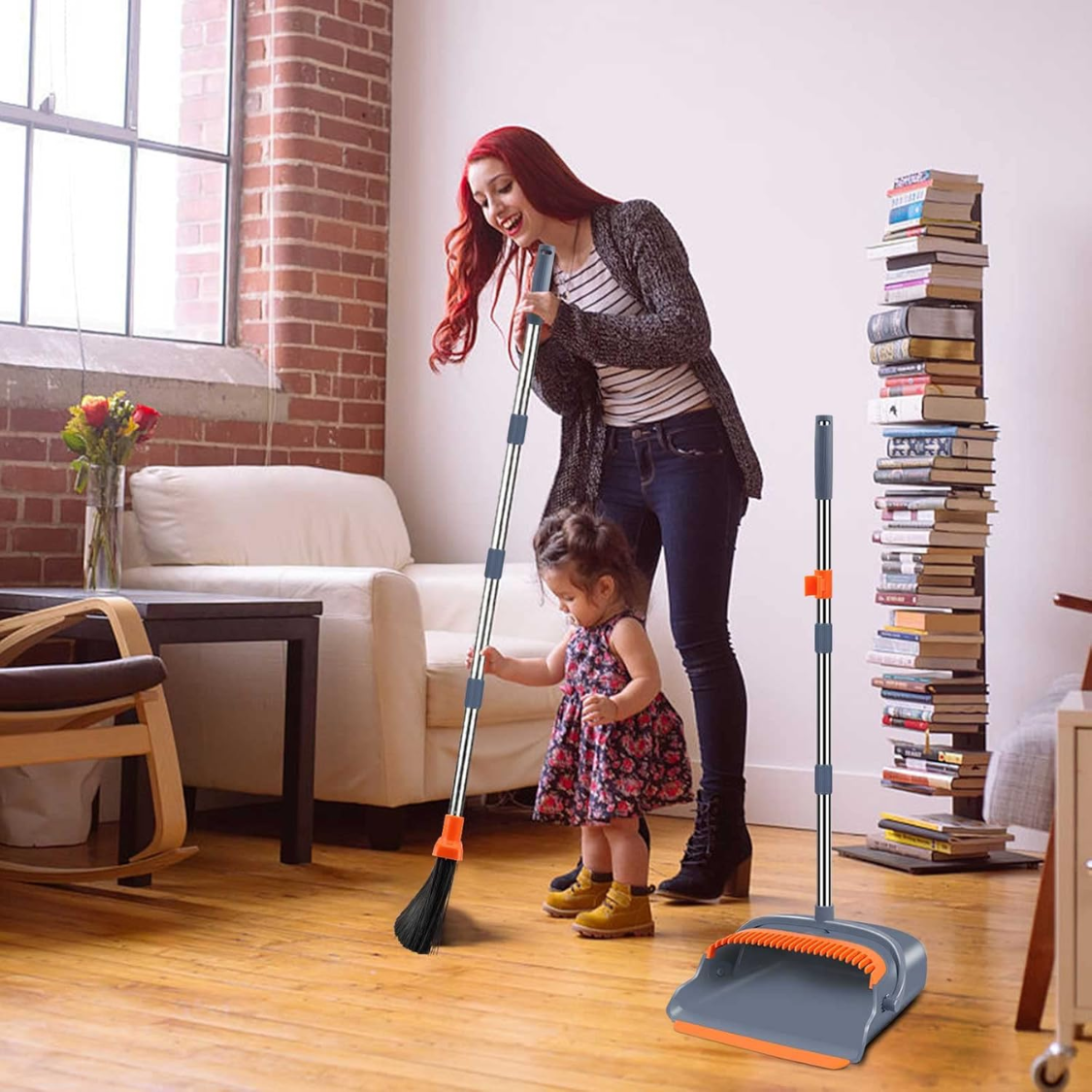 Upgrade Broom And Dustpan Set, Self-Cleaning With Dustpan Teeth, Indoor&Outdoor Sweeping, Ideal For Dog Cat Pets Home Use, Stand Up Broom And Dustpan Gray&Orange