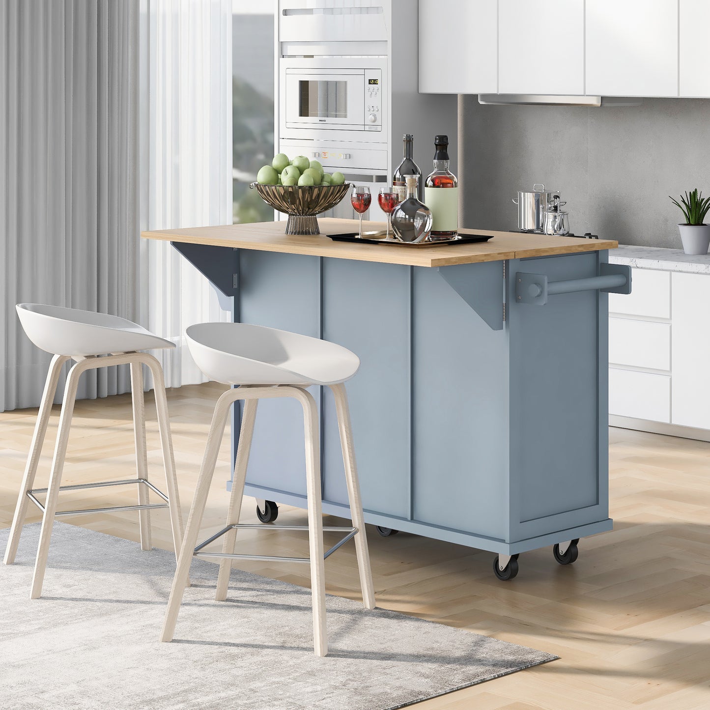 Kitchen Cart With Rubber Wood Drop-Leaf Countertop ,Cabinet Door Internal Storage Racks,Kitchen Island On 5 Wheels With Storage Cabinet And 3 Drawers For Dinning Room, Grey Blue