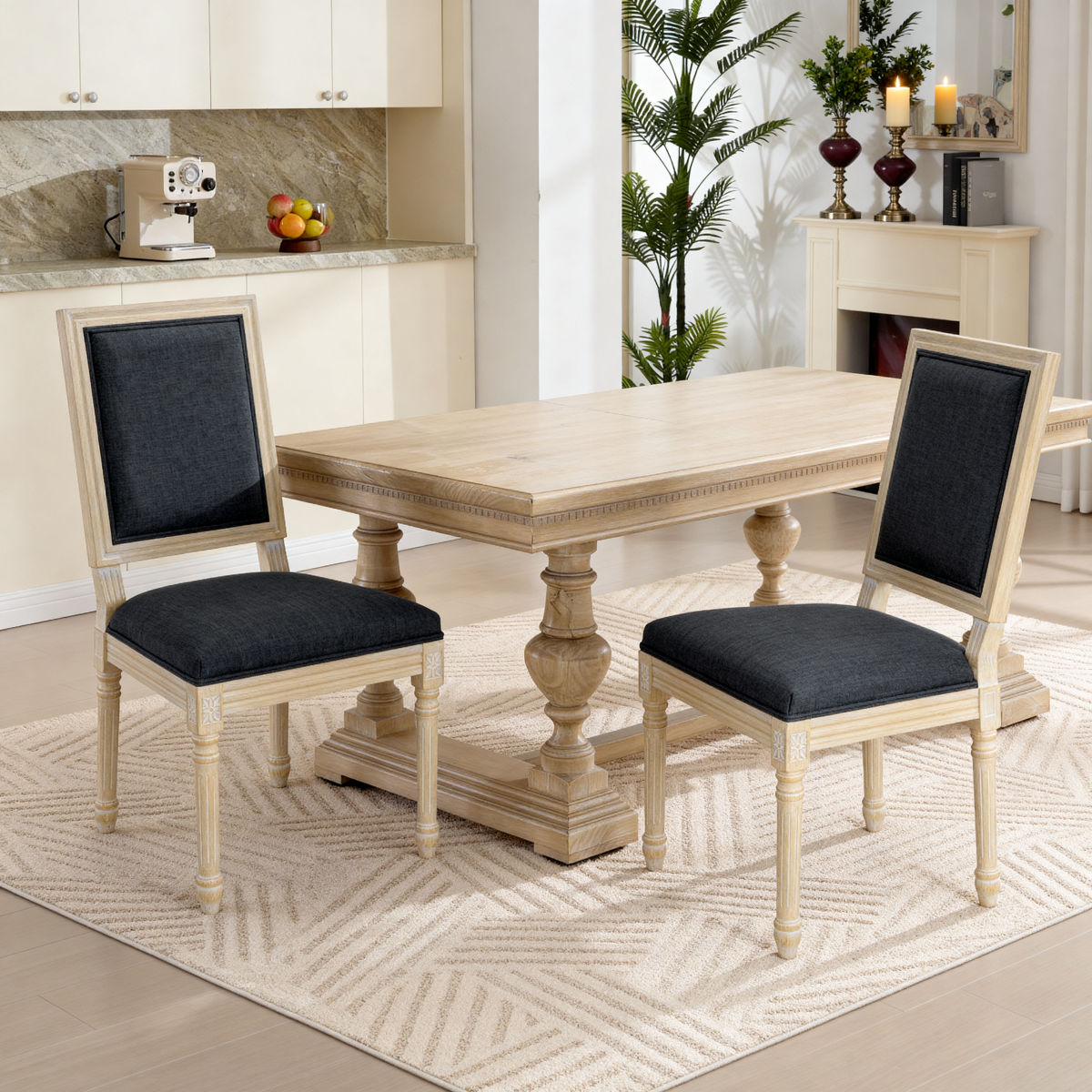 French Country Dining Chairs Set of 2, Upholstered  Chairs with  Square Back, Wire drawing and carving techniques ,Disassemblable ,  for Living Room, Kitchen , Restaurant Use, Grey