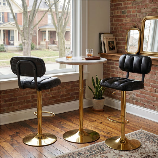 Set Of 2 Modern Bar Stools With Adjustable Height, Black PU Leather Upholstered Stools With Gold Metal Base & Footrest For Kitchen Island, Home Bar, Game Room