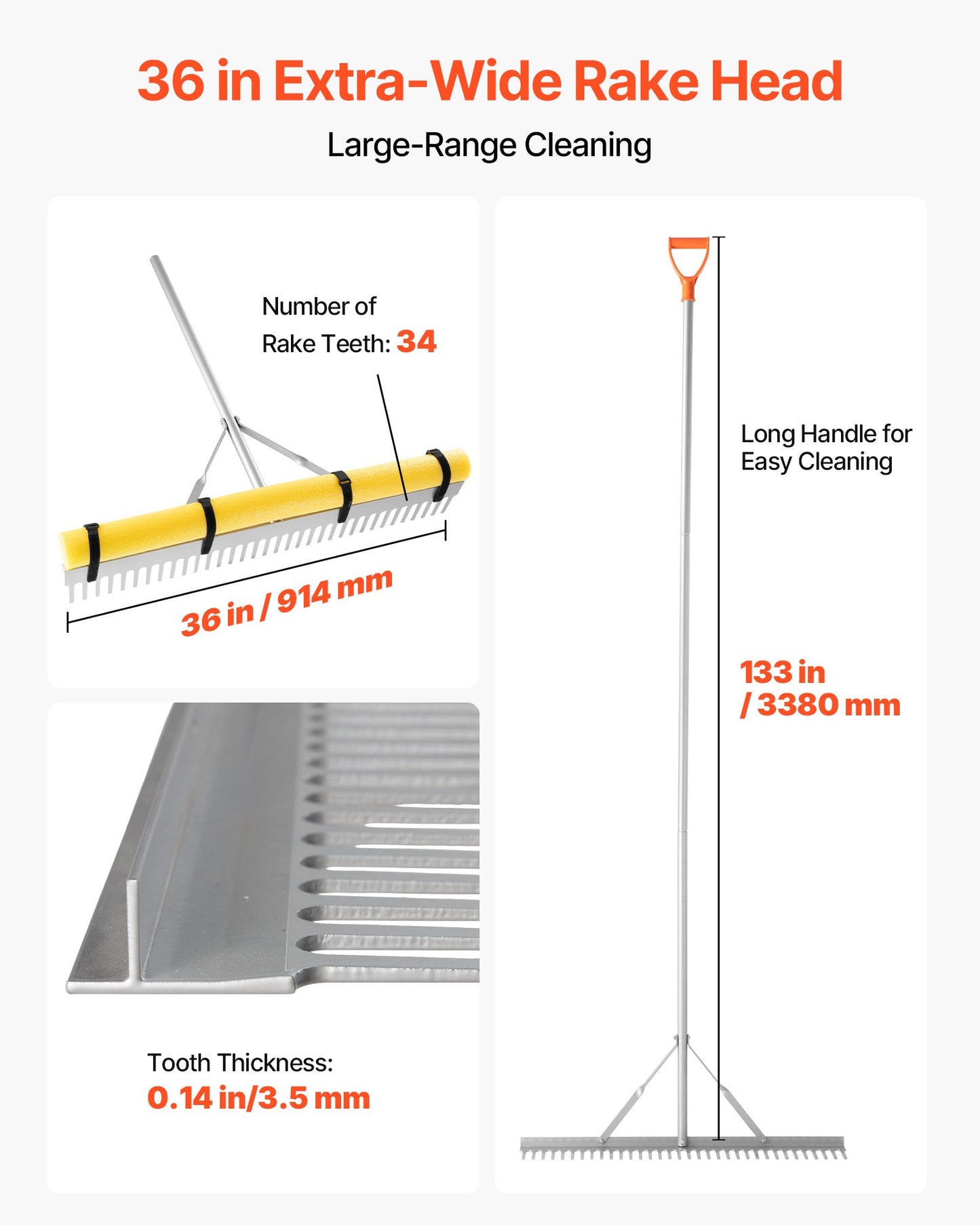 Landscape Rake, 36 Inch Wide Head 102 Inch Handle, Large Heavy Duty Aluminum Landscaping Leaf Rake Tool, Asphalt Level For Loosening Soil, Garden & Yard, Pond Gravel & Beach Lawn Care, 52ft Rope
