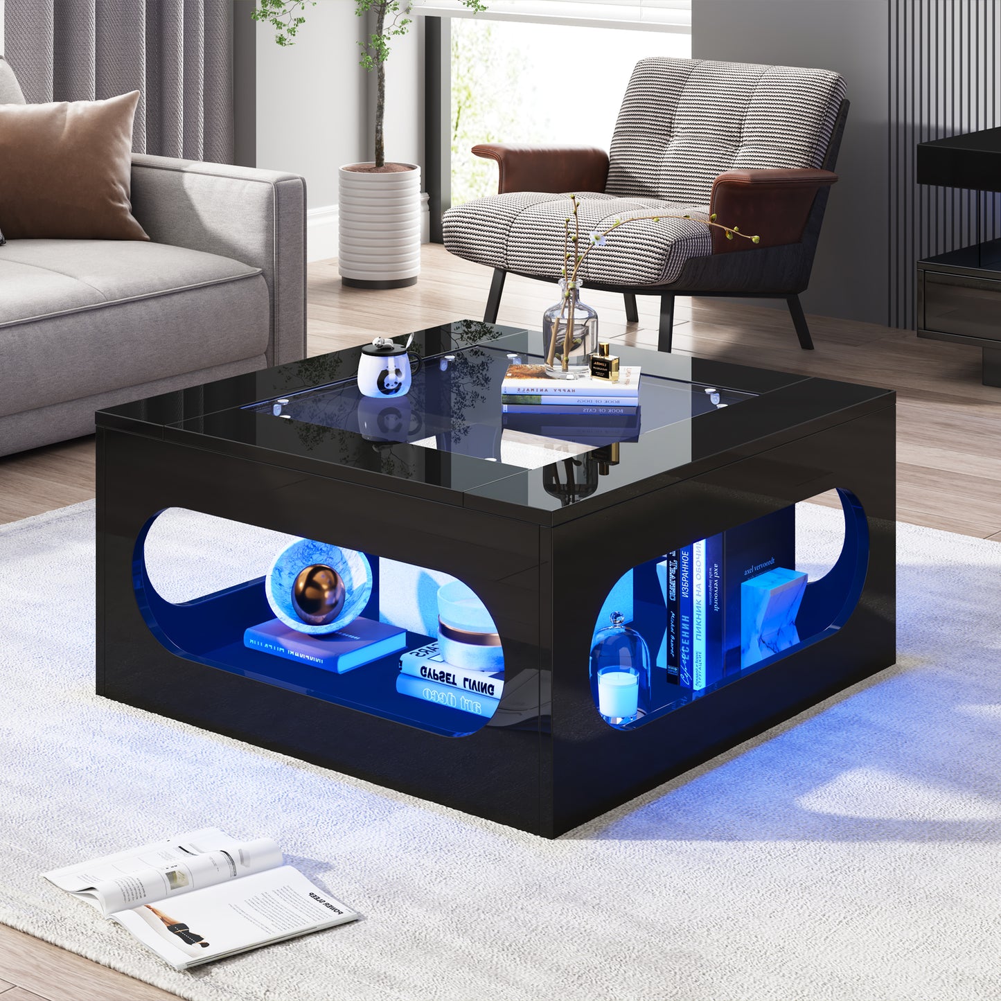70x70x35cm Square Living Room Table, Hollowed Out Coffee Table In Middle, Tea Table With Tempered Glass Top,High Gloss LED Living Room Side Table,Christmas Party Table,Black, MDF