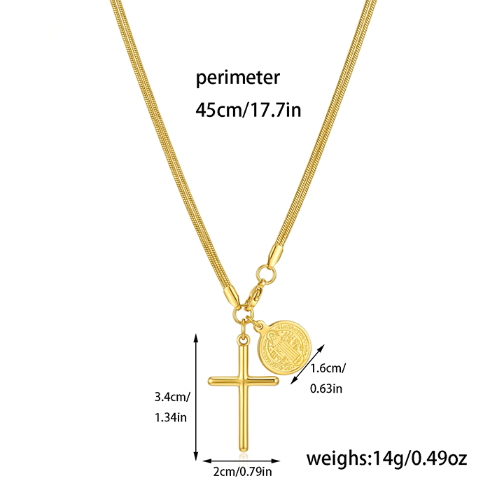 St Benedict Medal Cross Necklace For Women Men, 18K Gold Plated Stainless Steel Snake Chain, Religious San Benito Coin Protection Jewelry Gift