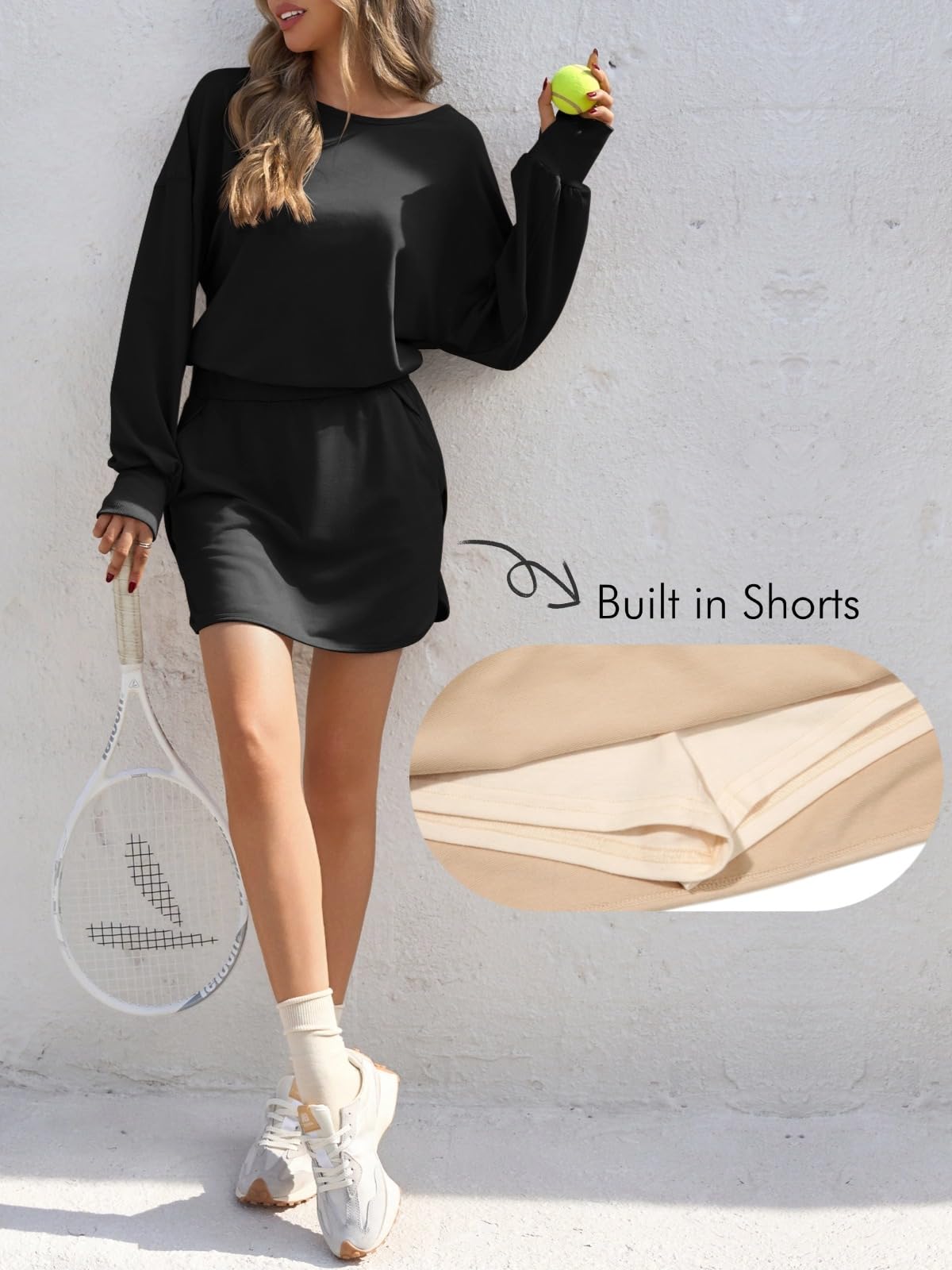 Fisoew Womens Long Sleeve Athletic Dress Backless Keyhole Built-in Shorts Oversized Workout Active Dresses