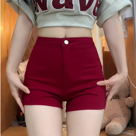 Womens American-style Red High-waisted Body-hugging Denim Shorts