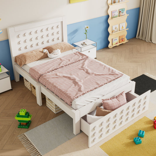 Wooden Bed Single Bed 90x200 Cm, Children's Bed Youth Bed With Creative Block Design, Solid Wood Bed Frame With Slatted Frame, With Drawers & Under Bed Storage Space, White, Without Mattress