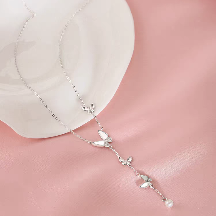 1pc 999 Sterling Silver Mother Of Pearl Butterfly Tassel Pearl Necklace, Luxurious Sweet Style, Perfect For Daily Wear & Valentine's Gifts