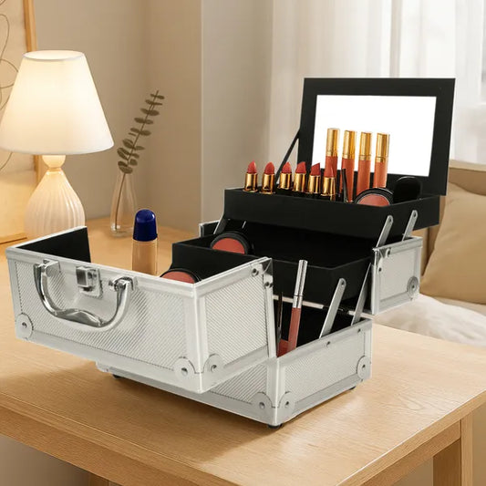 SM-2176 Aluminum Makeup Train Case Jewelry Box Cosmetic Organizer With Mirror 9'x6'x6' Silver
