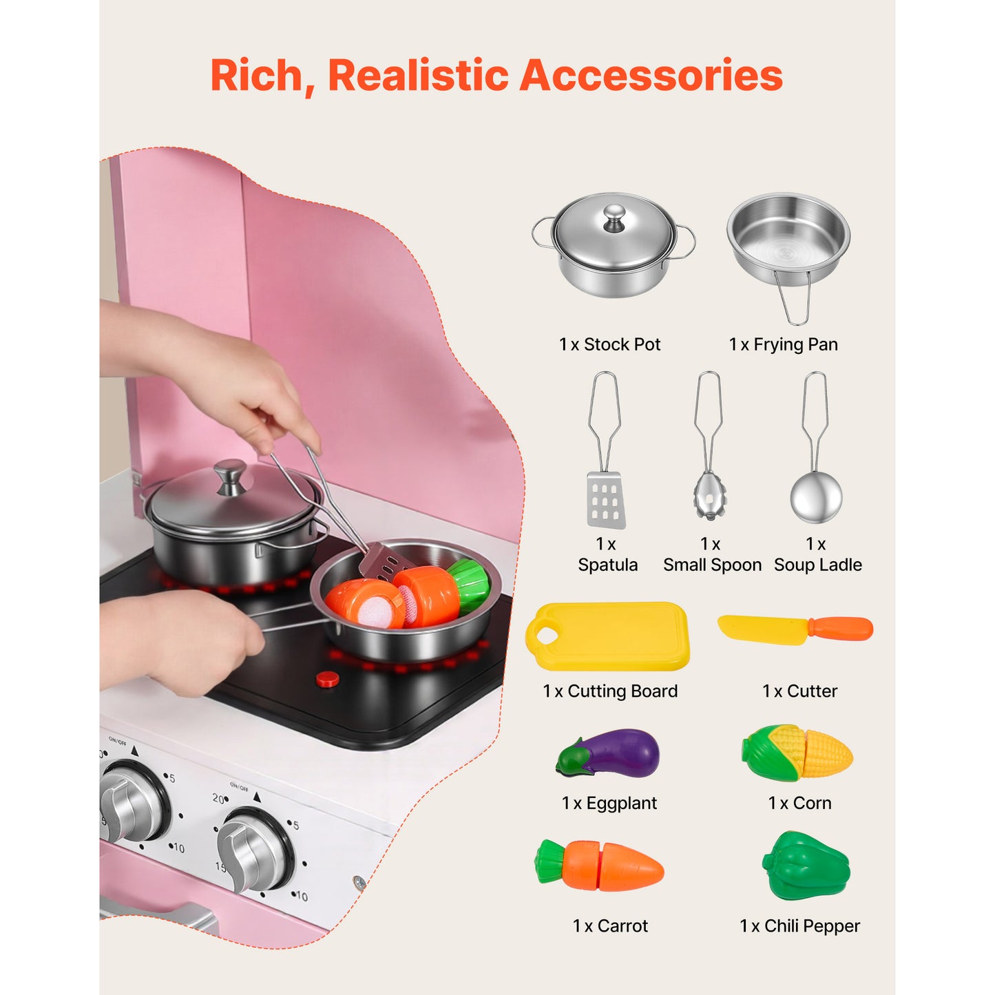 Play Kitchen For Kids, Wooden, Kids Kitchen P Layset With Real Lights & Sounds, Food & Cookware, Pretend P Lay Toy Set, Microwave, Oven, Clicking Knobs, For Toddlers, Girls & Boys Ages 3-8, P Ink